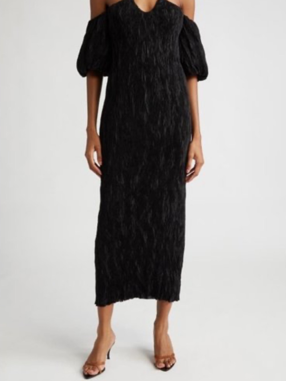 Lela Rose Black Pleated Puff-Sleeve Maxi Gown